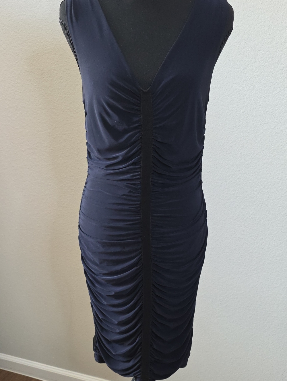 Cache Navy Ruched V-Neck Midi Dress